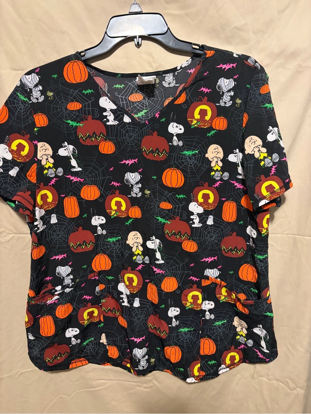Peanuts Black Halloween Scrub Top with Orange Pumpkin & White Snoopy Print